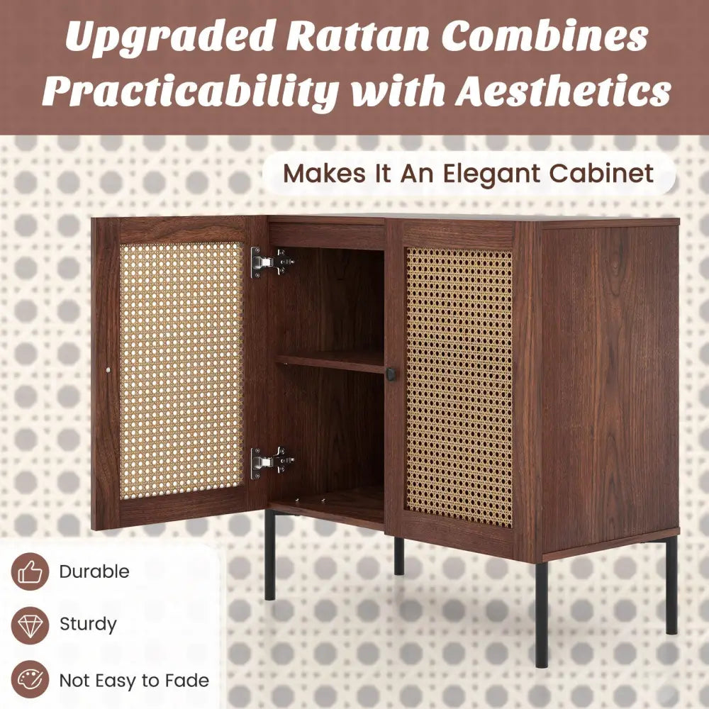 Kitchen Sideboard with 2 Rattan Doors and Adjustable Shelf-Walnut - Walnut - Sideboards Cabinets & Buffets