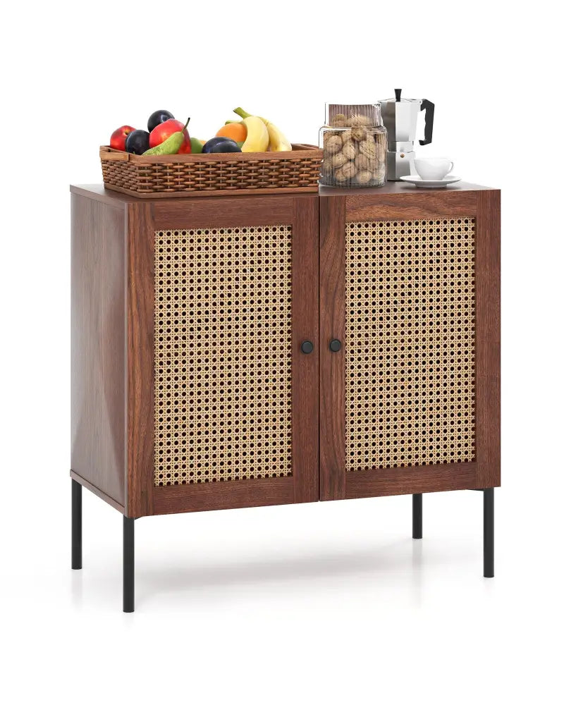 Kitchen Sideboard with 2 Rattan Doors and Adjustable Shelf-Walnut - Walnut - Sideboards Cabinets & Buffets