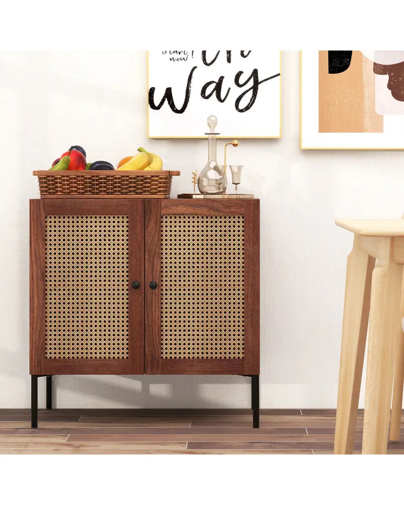 Kitchen Sideboard with 2 Rattan Doors and Adjustable Shelf-Walnut - Walnut - Sideboards Cabinets & Buffets