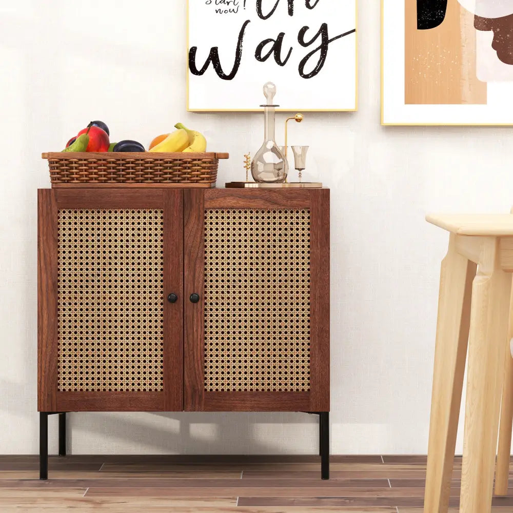 Kitchen Sideboard with 2 Rattan Doors and Adjustable Shelf-Walnut - Walnut - Sideboards Cabinets & Buffets