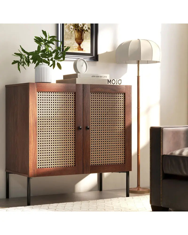 Kitchen Sideboard with 2 Rattan Doors and Adjustable Shelf-Walnut - Walnut - Sideboards Cabinets & Buffets