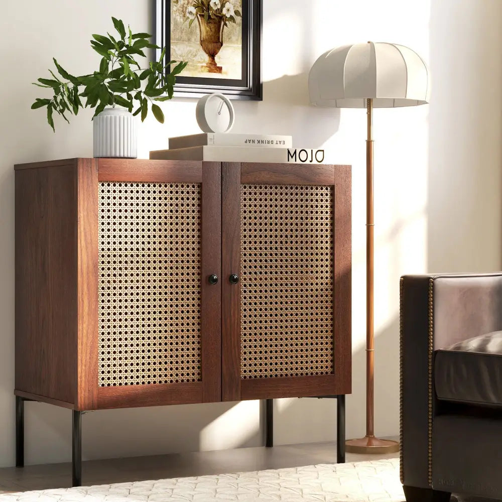 Kitchen Sideboard with 2 Rattan Doors and Adjustable Shelf-Walnut - Walnut - Sideboards Cabinets & Buffets