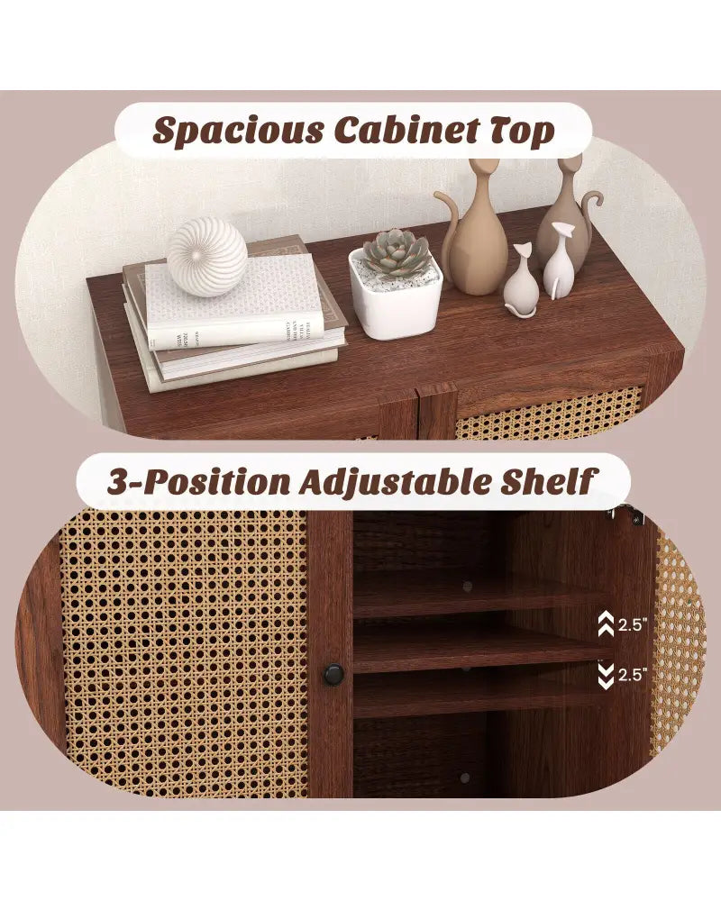 Kitchen Sideboard with 2 Rattan Doors and Adjustable Shelf-Walnut - Walnut - Sideboards Cabinets & Buffets