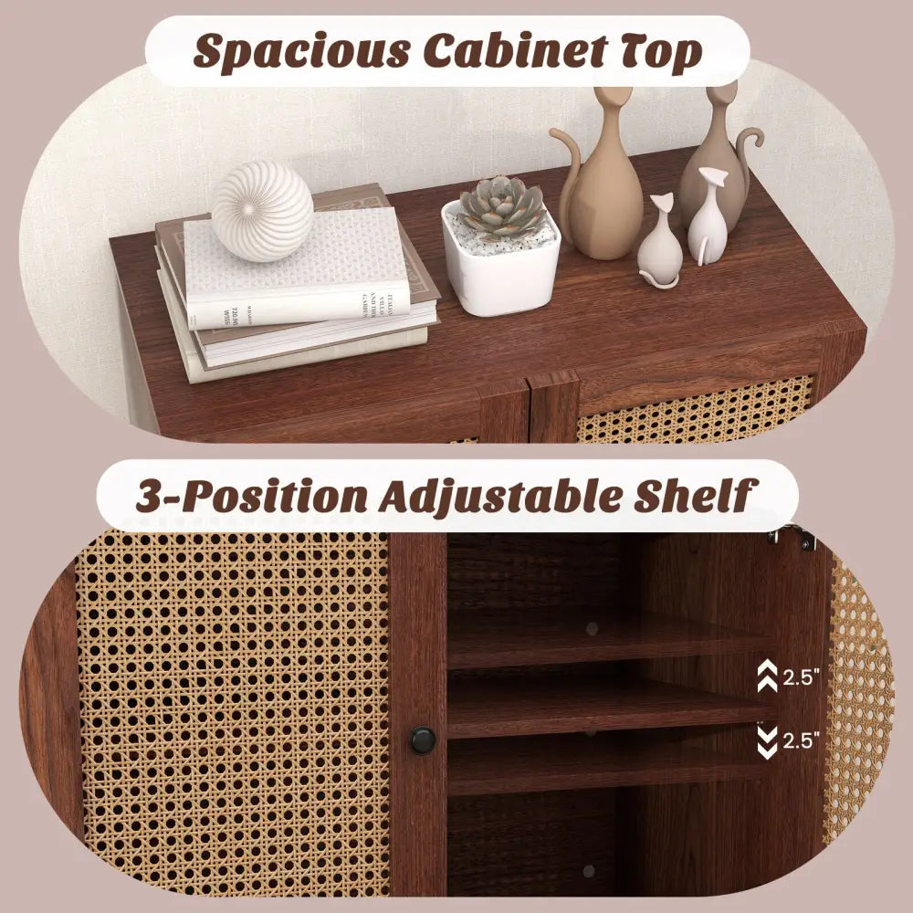 Kitchen Sideboard with 2 Rattan Doors and Adjustable Shelf-Walnut - Walnut - Sideboards Cabinets & Buffets
