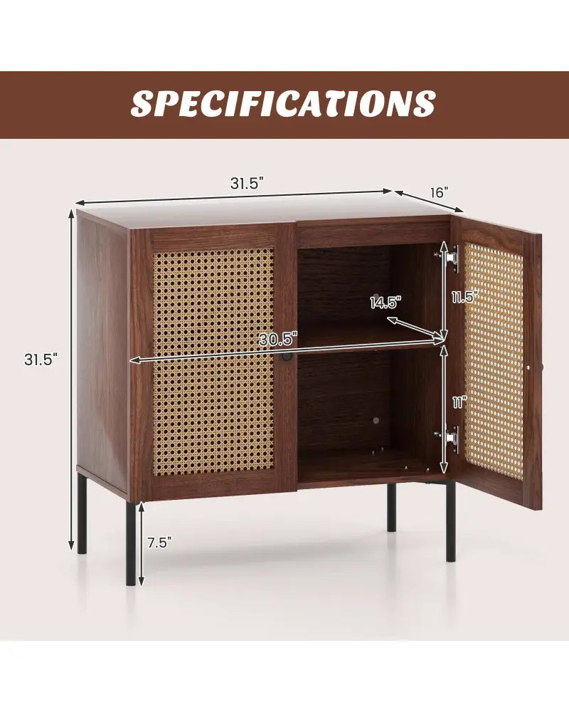 Kitchen Sideboard with 2 Rattan Doors and Adjustable Shelf-Walnut - Walnut - Sideboards Cabinets & Buffets