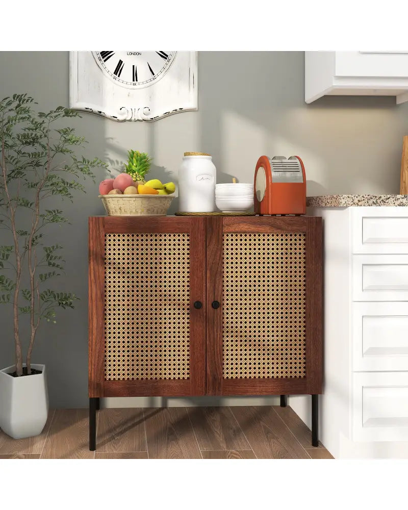 Kitchen Sideboard with 2 Rattan Doors and Adjustable Shelf-Walnut - Walnut - Sideboards Cabinets & Buffets
