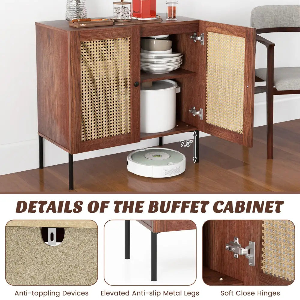 Kitchen Sideboard with 2 Rattan Doors and Adjustable Shelf-Walnut - Walnut - Sideboards Cabinets & Buffets