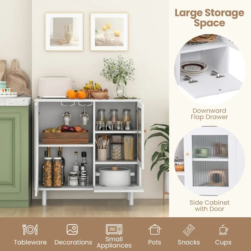 Kitchen Sideboard with Glasses Holder for Living Room Dining Room-White - White - Sideboards Cabinets & Buffets