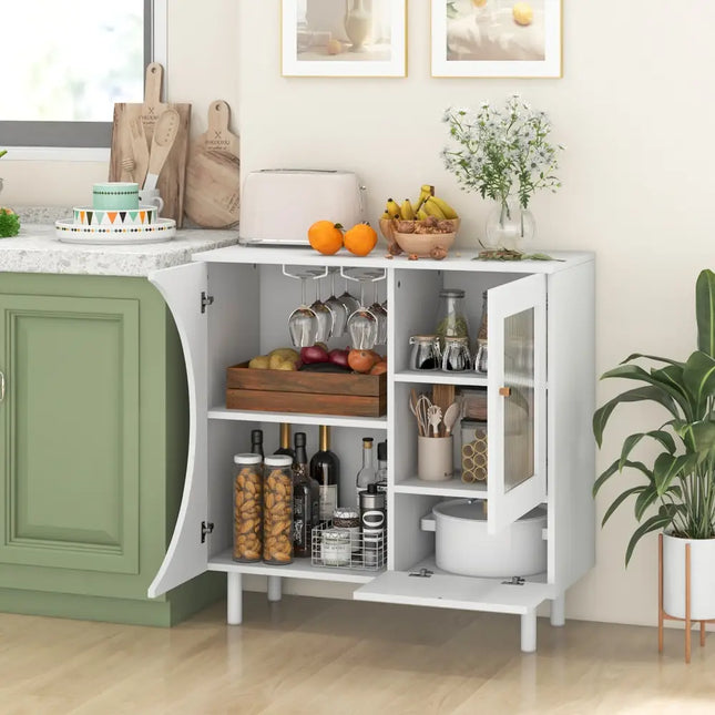 Kitchen Sideboard with Glasses Holder for Living Room Dining Room-White - White - Sideboards Cabinets & Buffets