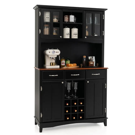Kitchen Storage Cabinet Cupboard with Wine Rack and Drawers-Black - Black - Sideboards Cabinets & Buffets