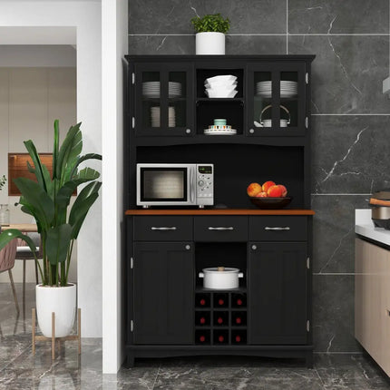 Kitchen Storage Cabinet Cupboard with Wine Rack and Drawers-Black - Black - Sideboards Cabinets & Buffets