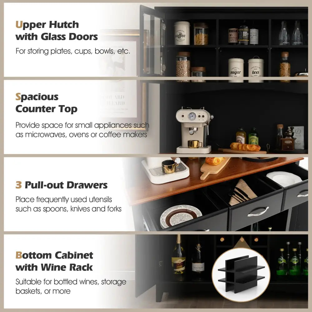 Kitchen Storage Cabinet Cupboard with Wine Rack and Drawers-Black - Black - Sideboards Cabinets & Buffets