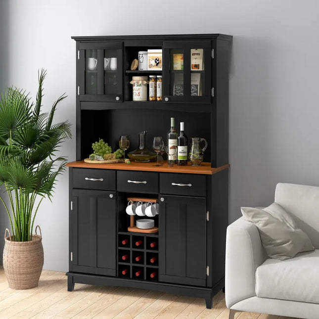 Kitchen Storage Cabinet Cupboard with Wine Rack and Drawers-Black - Black - Sideboards Cabinets & Buffets