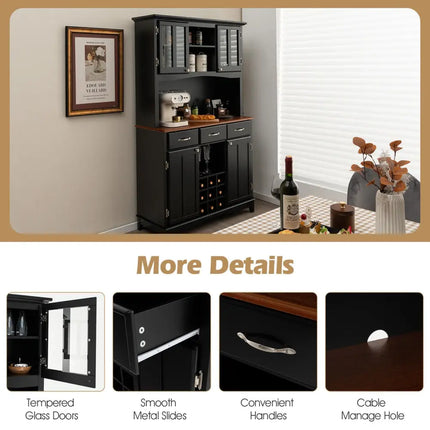 Kitchen Storage Cabinet Cupboard with Wine Rack and Drawers-Black - Black - Sideboards Cabinets & Buffets