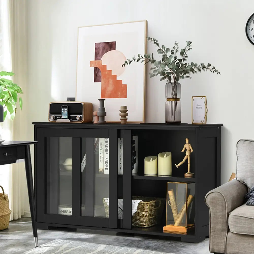 Kitchen Storage Cabinet with Glass Sliding Door-Black - Black - Sideboards Cabinets & Buffets
