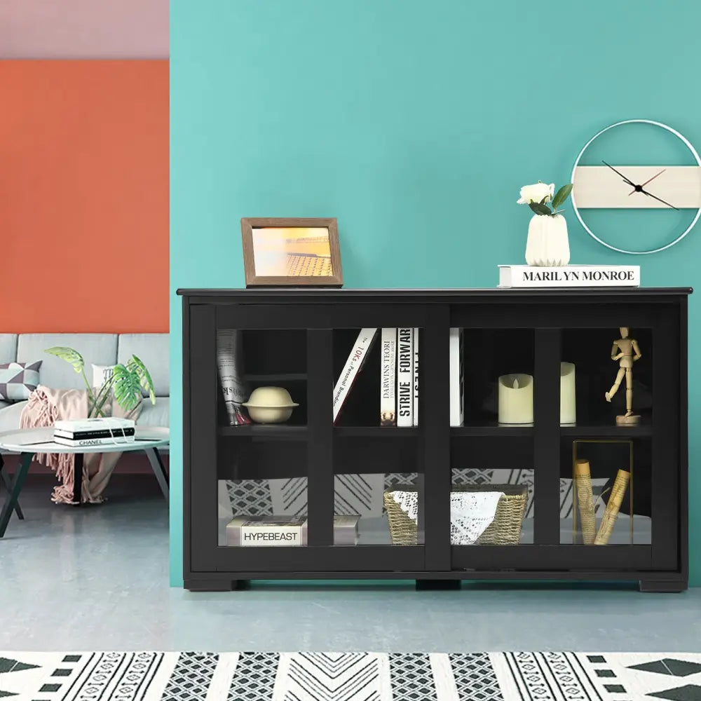 Kitchen Storage Cabinet with Glass Sliding Door-Black - Black - Sideboards Cabinets & Buffets