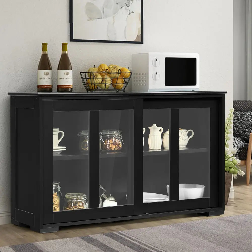 Kitchen Storage Cabinet with Glass Sliding Door-Black - Black - Sideboards Cabinets & Buffets