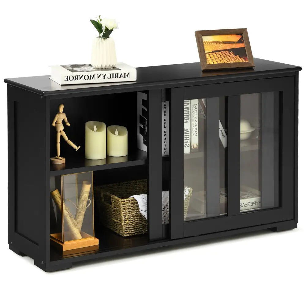 Kitchen Storage Cabinet with Glass Sliding Door-Black - Black - Sideboards Cabinets & Buffets