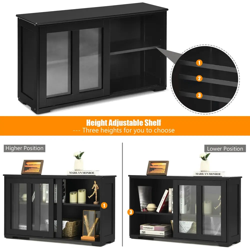 Kitchen Storage Cabinet with Glass Sliding Door-Black - Black - Sideboards Cabinets & Buffets