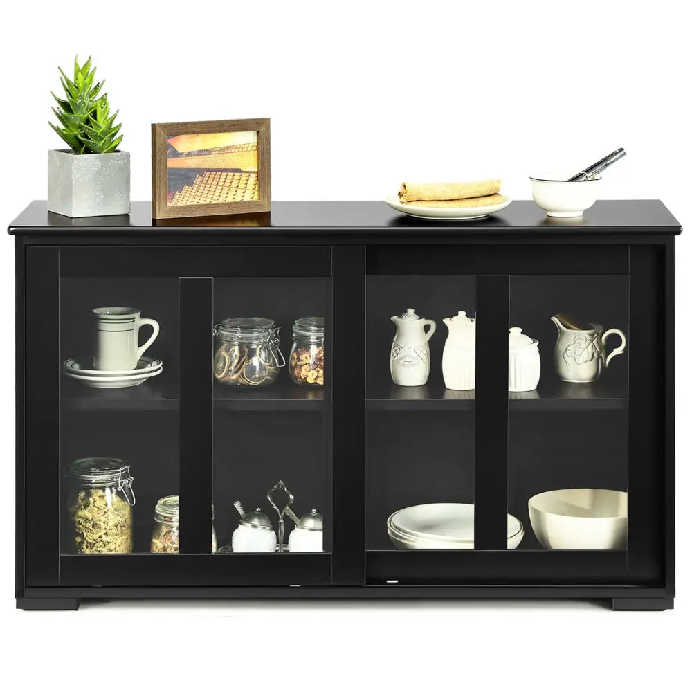 Kitchen Storage Cabinet with Glass Sliding Door-Black - Black - Sideboards Cabinets & Buffets