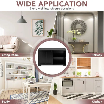 Kitchen Storage Cupboard Cabinet with Sliding Door-Black - Black - Sideboards Cabinets & Buffets
