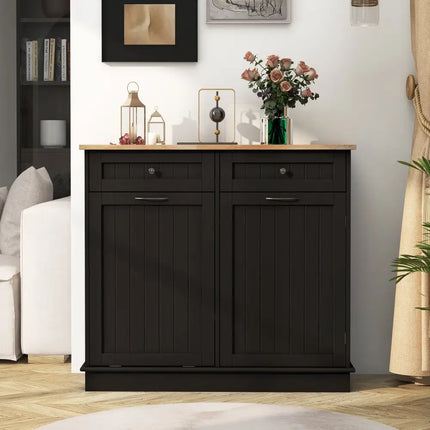 Kitchen Tilt Out Trash Cabinet with 2 Drawers and Adjustable Shelf-Brown - Brown - Sideboards Cabinets & Buffets