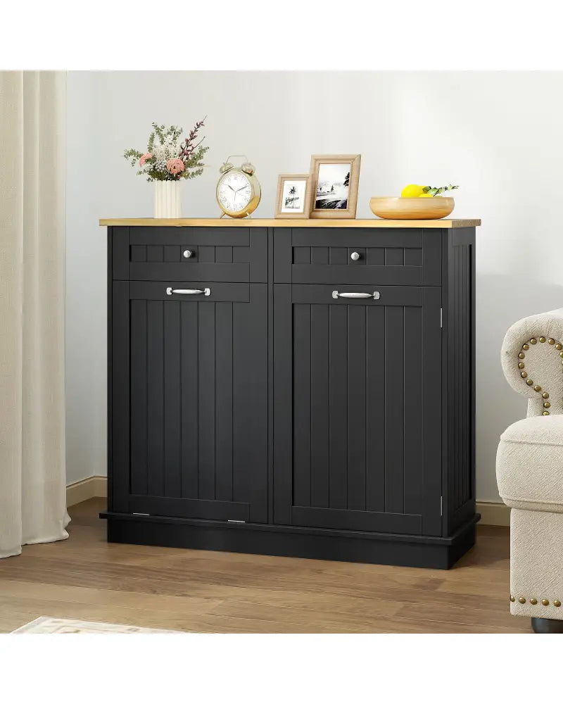 Kitchen Tilt Out Trash Cabinet with 2 Drawers and Adjustable Shelf-Black - Black - Sideboards Cabinets & Buffets