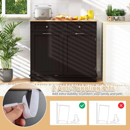 Kitchen Tilt Out Trash Cabinet with 2 Drawers and Adjustable Shelf-Brown - Brown - Sideboards Cabinets & Buffets