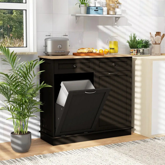 Kitchen Tilt Out Trash Cabinet with 2 Drawers and Adjustable Shelf-Brown - Brown - Sideboards Cabinets & Buffets