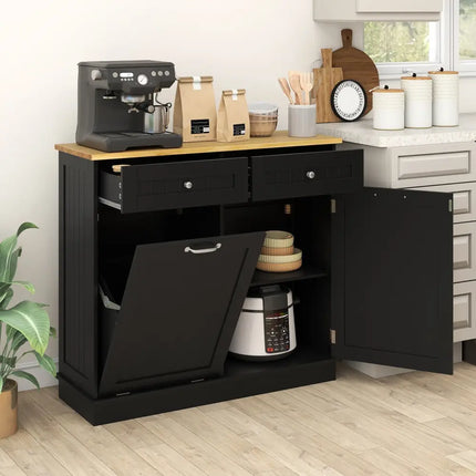 Kitchen Tilt Out Trash Cabinet with 2 Drawers and Adjustable Shelf-Black - Black - Sideboards Cabinets & Buffets