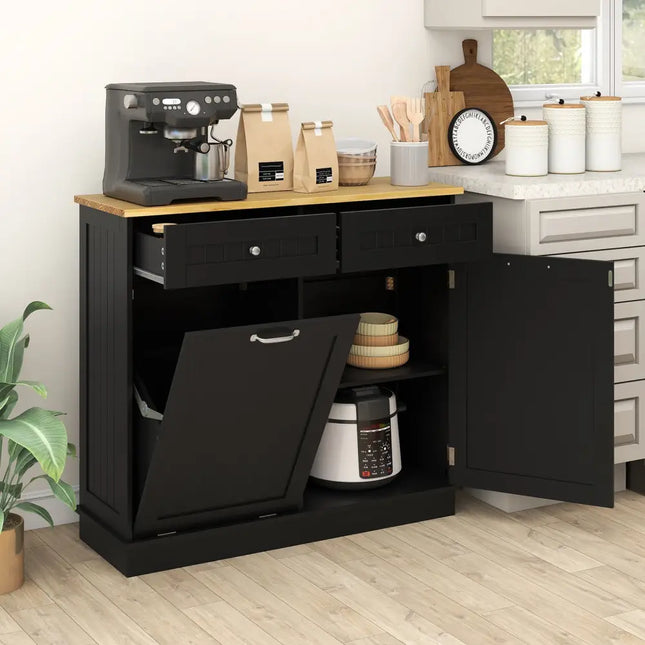 Kitchen Tilt Out Trash Cabinet with 2 Drawers and Adjustable Shelf-Black - Black - Sideboards Cabinets & Buffets