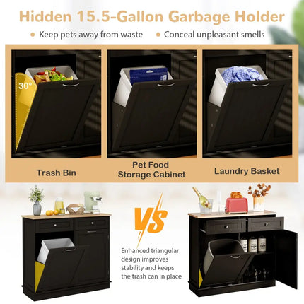 Kitchen Tilt Out Trash Cabinet with 2 Drawers and Adjustable Shelf-Brown - Brown - Sideboards Cabinets & Buffets