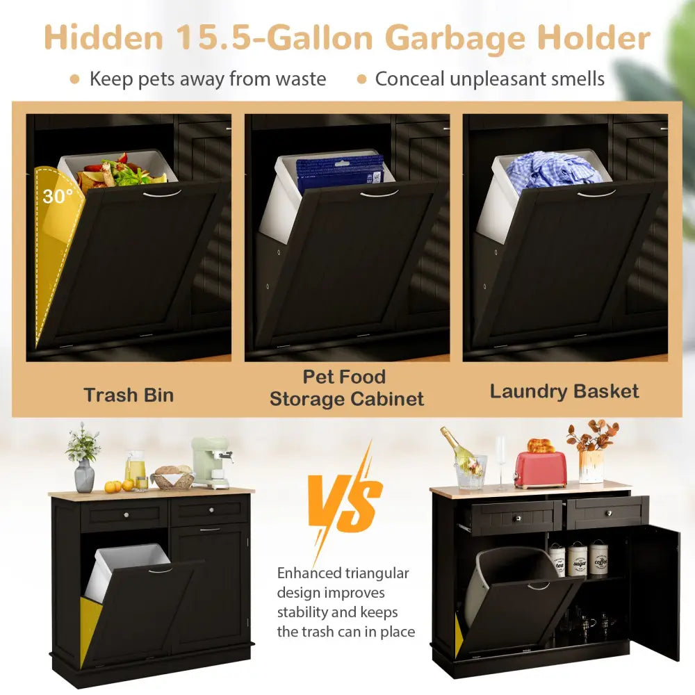Kitchen Tilt Out Trash Cabinet with 2 Drawers and Adjustable Shelf-Brown - Brown - Sideboards Cabinets & Buffets
