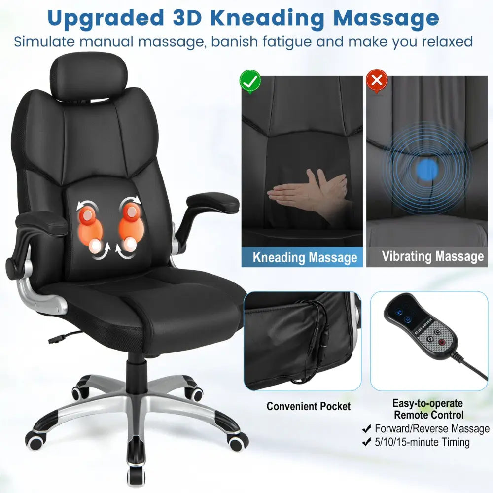 Kneading Massage Office Chair with Adjustable Headrest-Black - Black - Executive Chairs