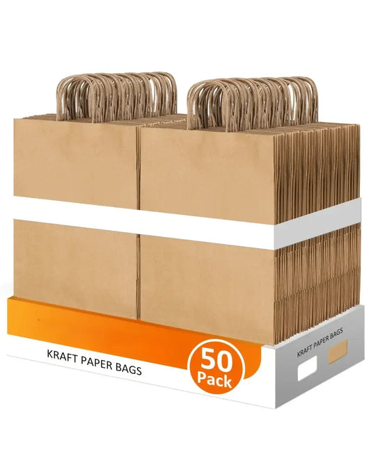 Kraft Paper Gift Bags – Reusable Party Shopping & Retail Bags - 50packs