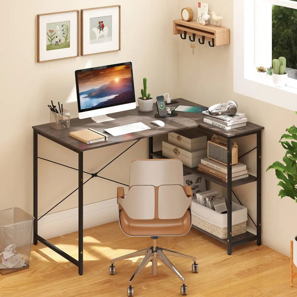 L-shaped 47 Inch Reversible Corner Desk with Adjustable Storage Shelves-Gray - Gray - L-Shaped Desks