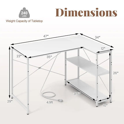 L-shaped 47 Inch Reversible Corner Desk with Adjustable Storage Shelves-White - White - L-Shaped Desks