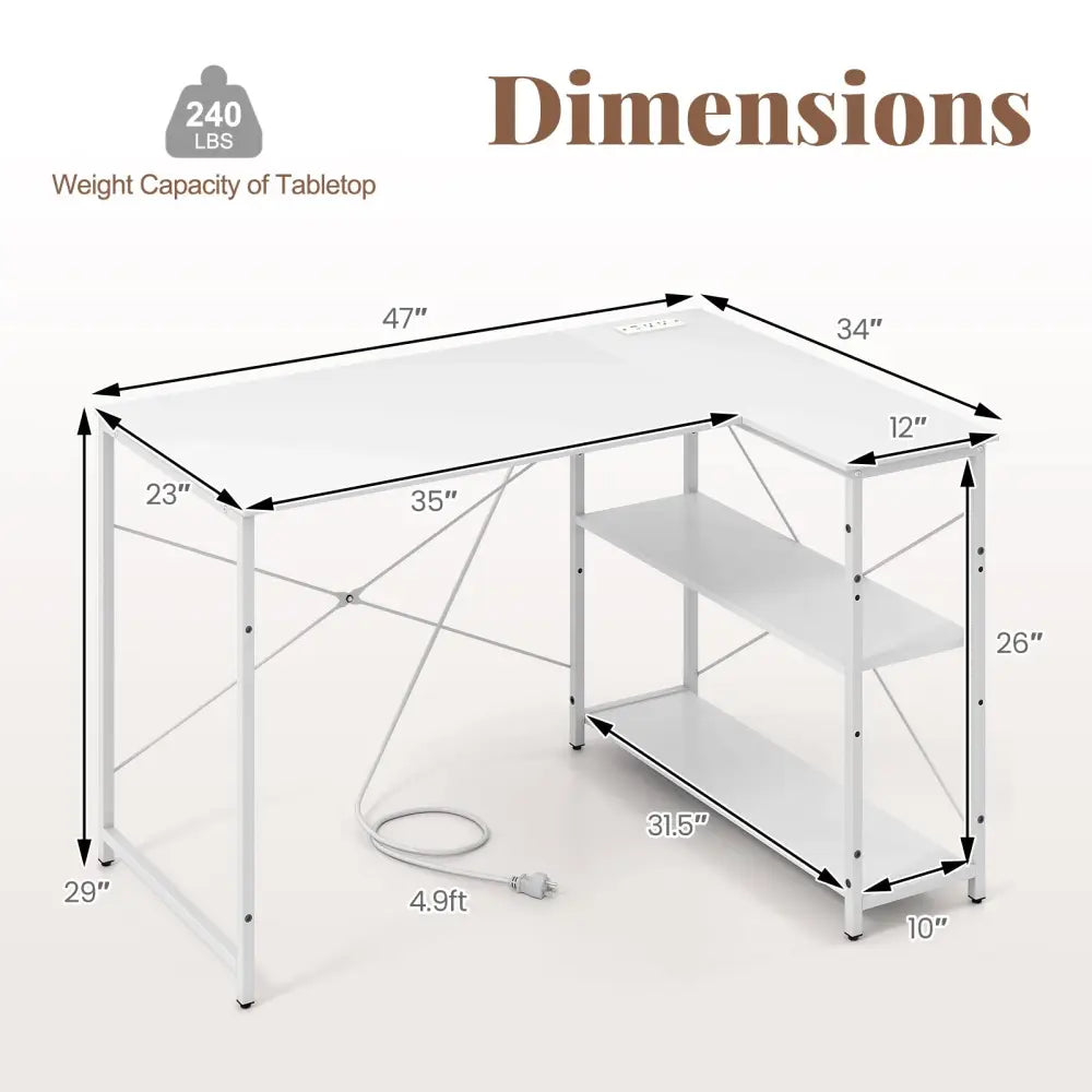 L-shaped 47 Inch Reversible Corner Desk with Adjustable Storage Shelves-White - White - L-Shaped Desks
