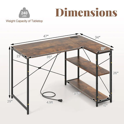 L-shaped 47 Inch Reversible Corner Desk with Adjustable Storage Shelves-Rustic Brown - Rustic Brown - L-Shaped Desks