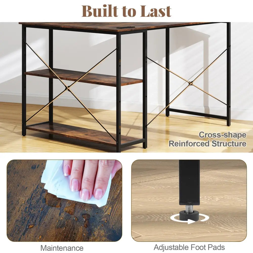 L-shaped 47 Inch Reversible Corner Desk with Adjustable Storage Shelves-Rustic Brown - Rustic Brown - L-Shaped Desks