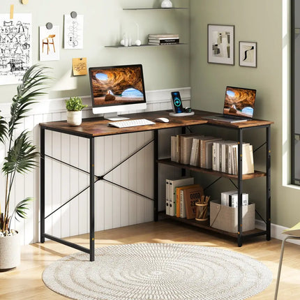 L-shaped 47 Inch Reversible Corner Desk with Adjustable Storage Shelves-Rustic Brown - Rustic Brown - L-Shaped Desks