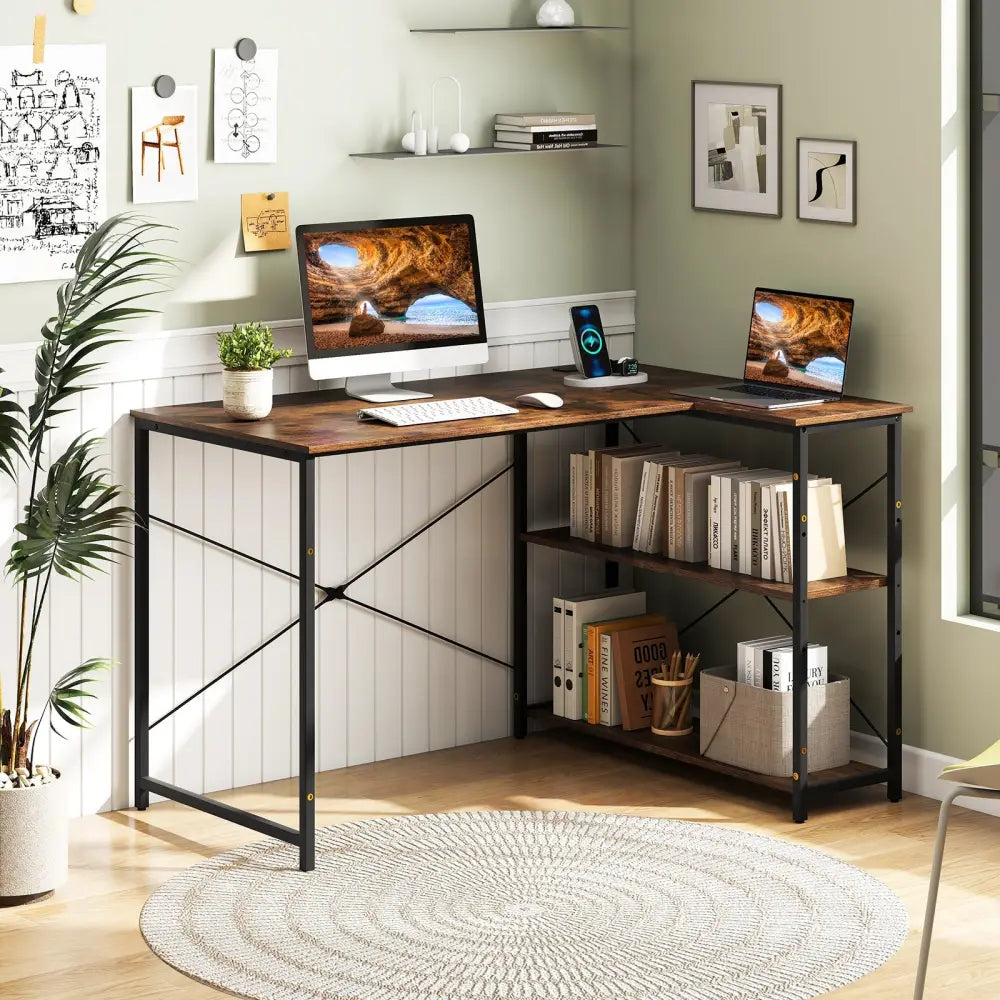 L-shaped 47 Inch Reversible Corner Desk with Adjustable Storage Shelves-Rustic Brown - Rustic Brown - L-Shaped Desks