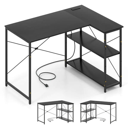L-shaped 47 Inch Reversible Corner Desk with Adjustable Storage Shelves-Black - Black - L-Shaped Desks