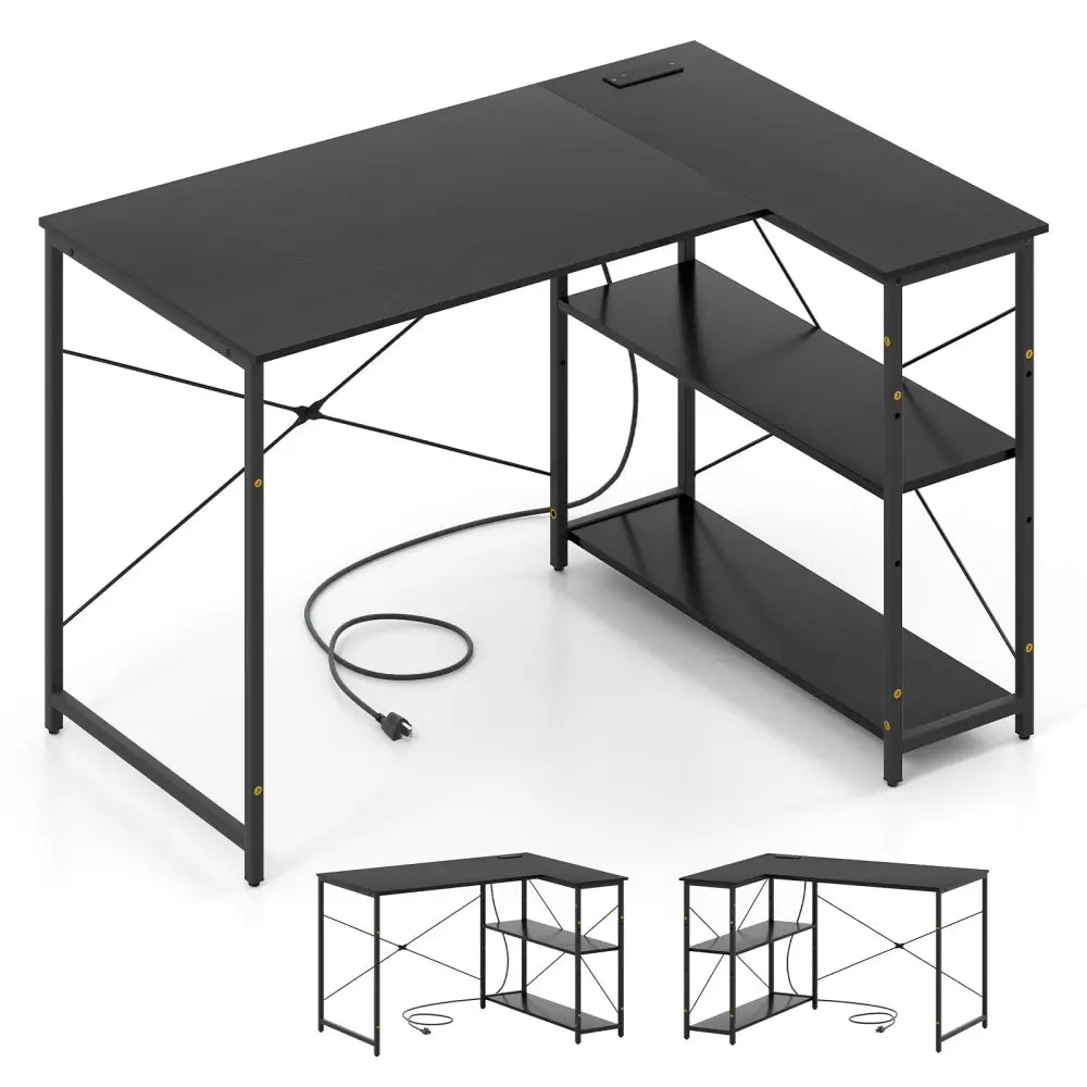 L-shaped 47 Inch Reversible Corner Desk with Adjustable Storage Shelves-Black - Black - L-Shaped Desks