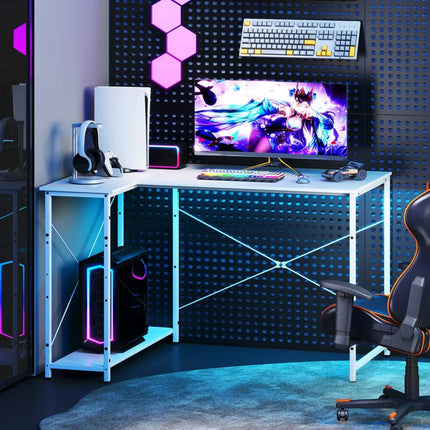 L-shaped 47 Inch Reversible Corner Desk with Adjustable Storage Shelves-White - White - L-Shaped Desks