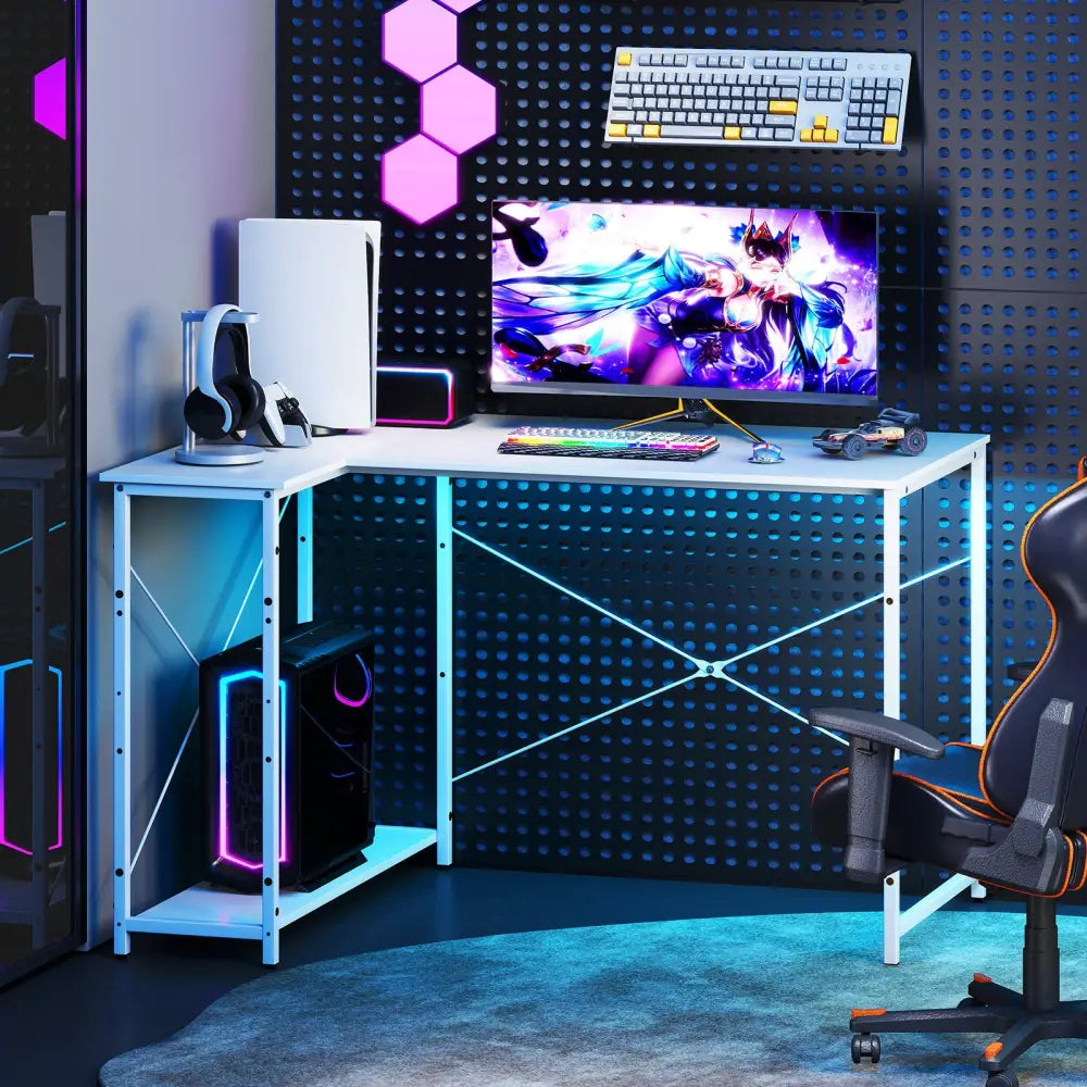 L-shaped 47 Inch Reversible Corner Desk with Adjustable Storage Shelves-White - White - L-Shaped Desks