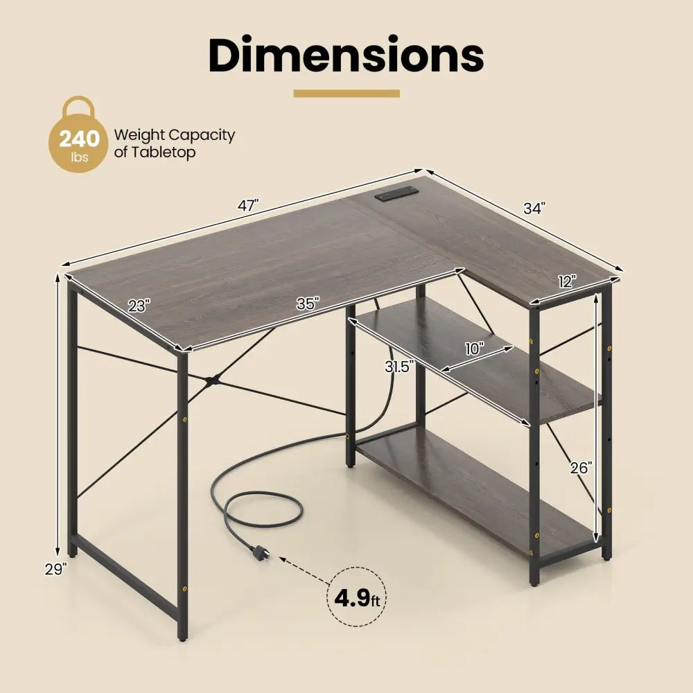 L-shaped 47 Inch Reversible Corner Desk with Adjustable Storage Shelves-Gray - Gray - L-Shaped Desks