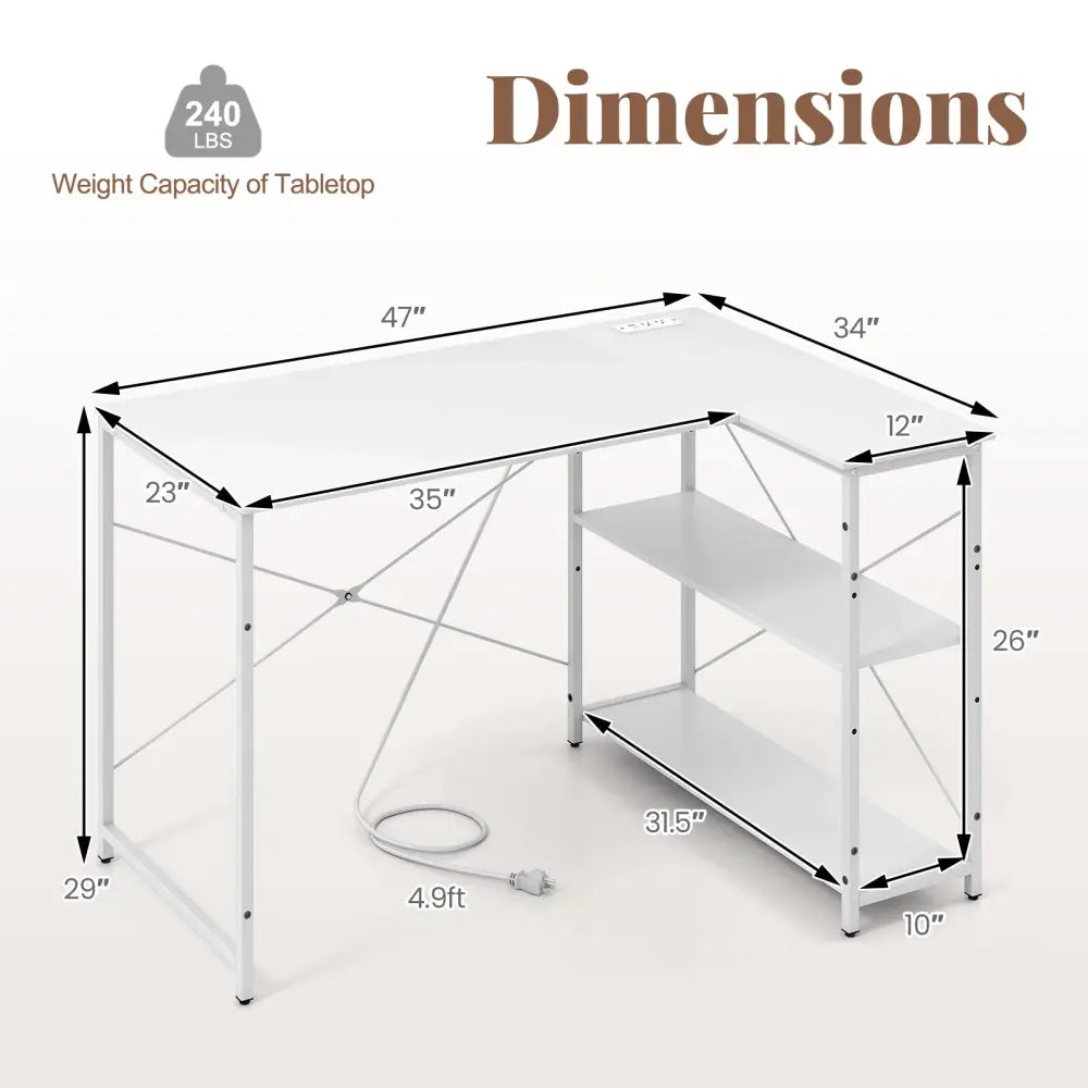 L-shaped 47 Inch Reversible Corner Desk with Adjustable Storage Shelves-White - White - L-Shaped Desks