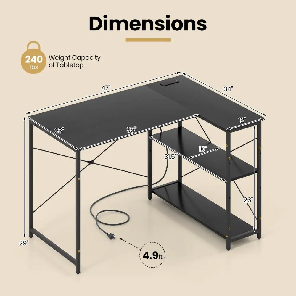 L-shaped 47 Inch Reversible Corner Desk with Adjustable Storage Shelves-Black - Black - L-Shaped Desks