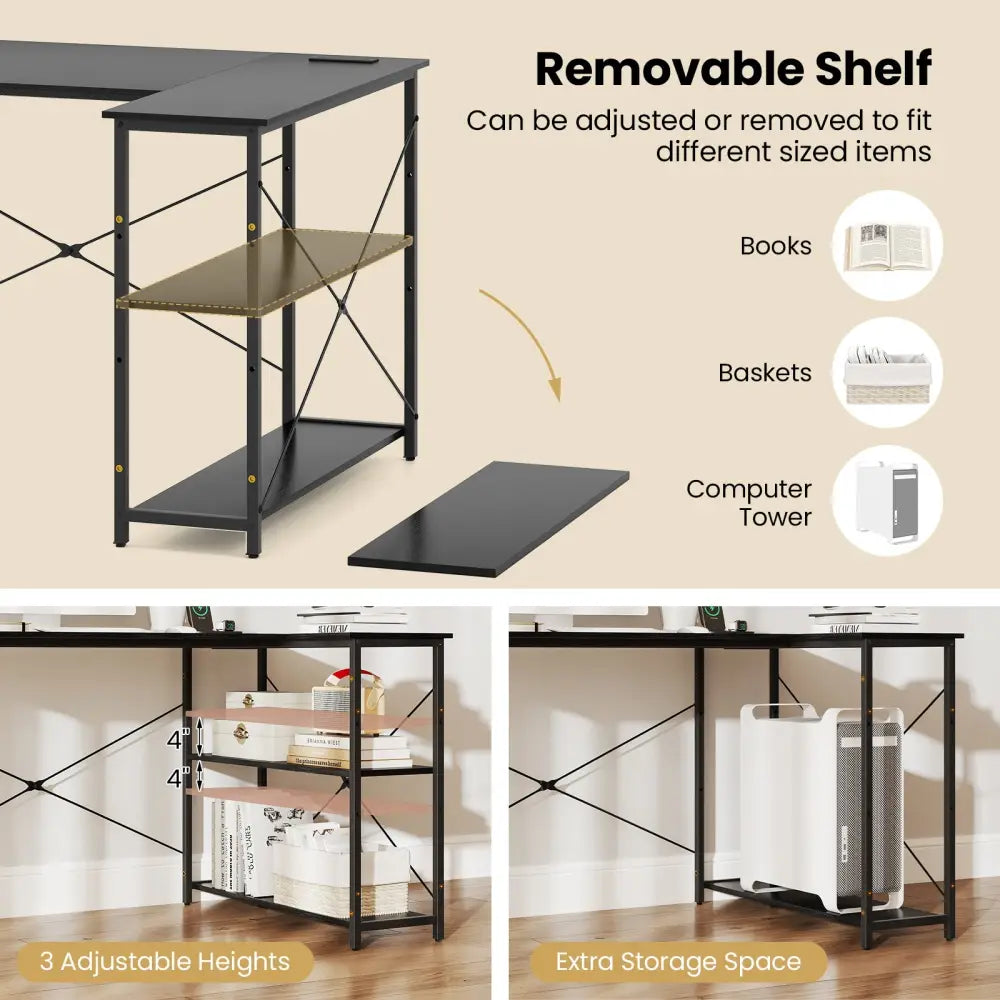 L-shaped 47 Inch Reversible Corner Desk with Adjustable Storage Shelves-Black - Black - L-Shaped Desks